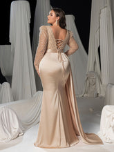 Plus Size Deep V-Neck Lace-Up Back Beaded Mermaid Evening Gown - Formal Dress with Belted Waist